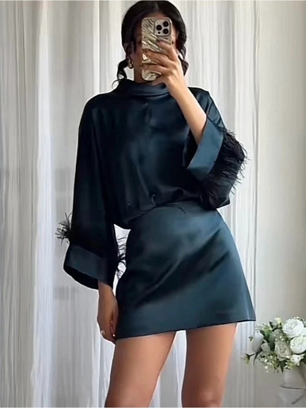 Zara Satin Mini Dress in Deep Teal with Feather Trim - Picture 5 of 12